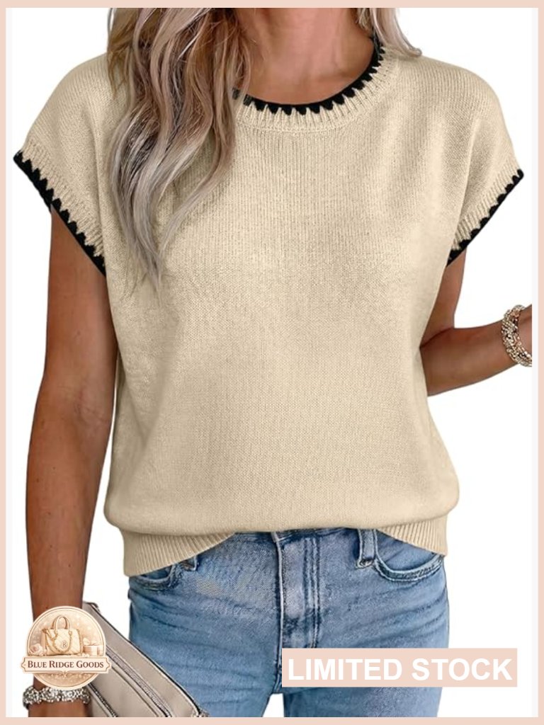 Contrast Ruffle Trim Knit Top Crew Neck Cap Sleeve Lightweight Sweater Vest